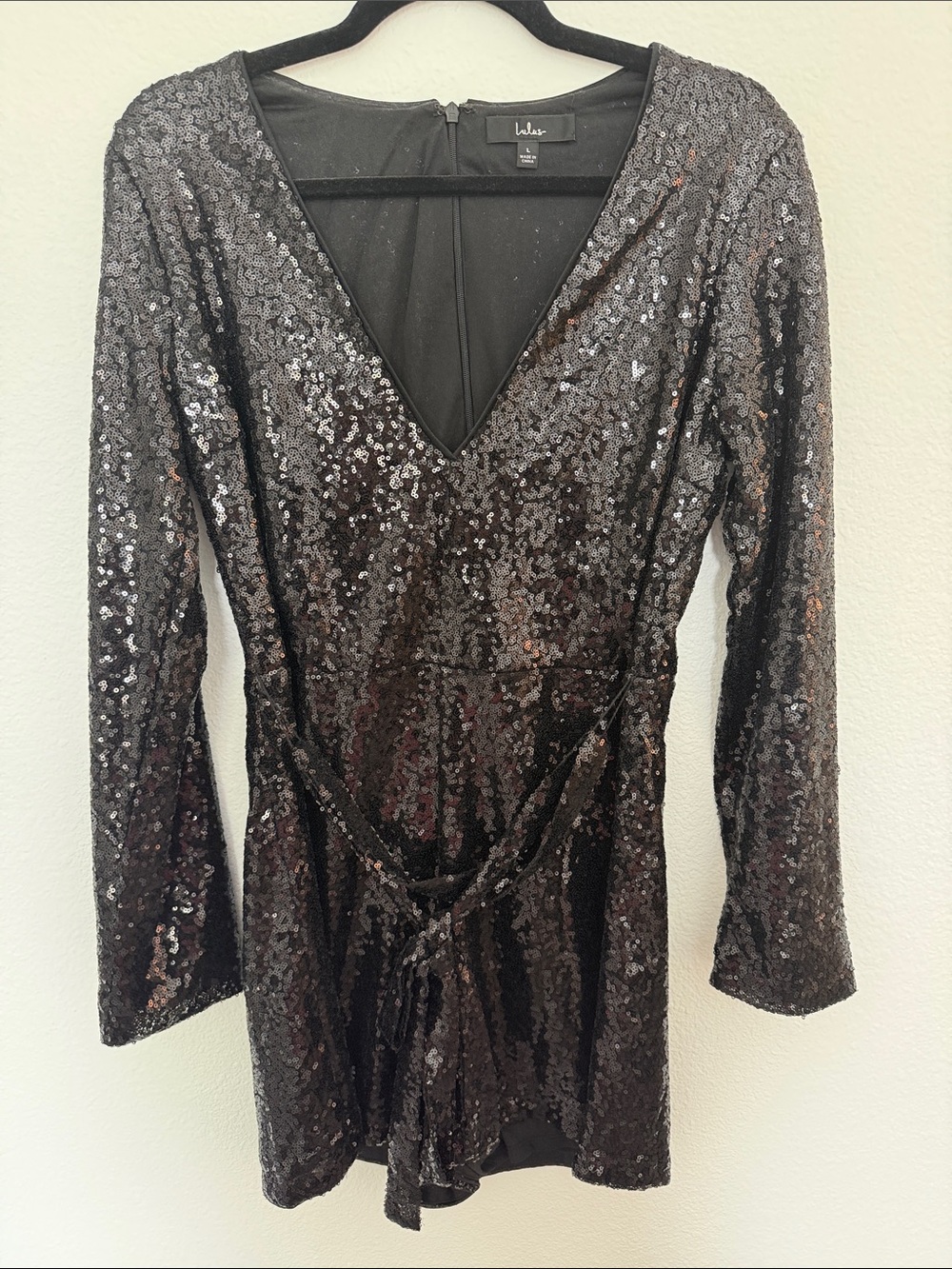Lulu's Black Sequin V-Neck Long Sleeve Mini Dress